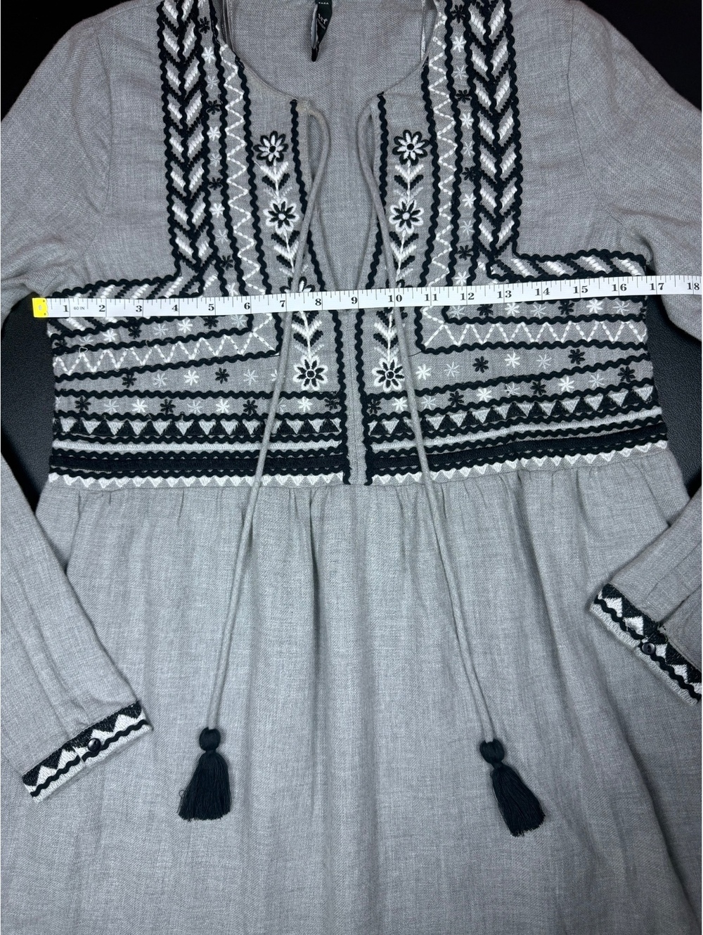 Zara TRF Womens XS Gray Embroidered Tunic Dress Boho Tassel Long Sleeve Mini - Picture 12 of 13